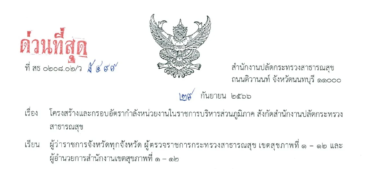 โครงสร้างและกรอบอัตรากำลังหน่วยงานในราชการบริหารส่วนภูมิภาค สังกัดสำนักงานปลัดกระทรวสาธารณสุข